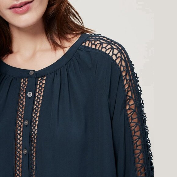 2/$30 LOFT Lace Trimmed Peasant Blouse Long Sleeve Black Small #A0332 TRB2 - Picture 3 of 9
